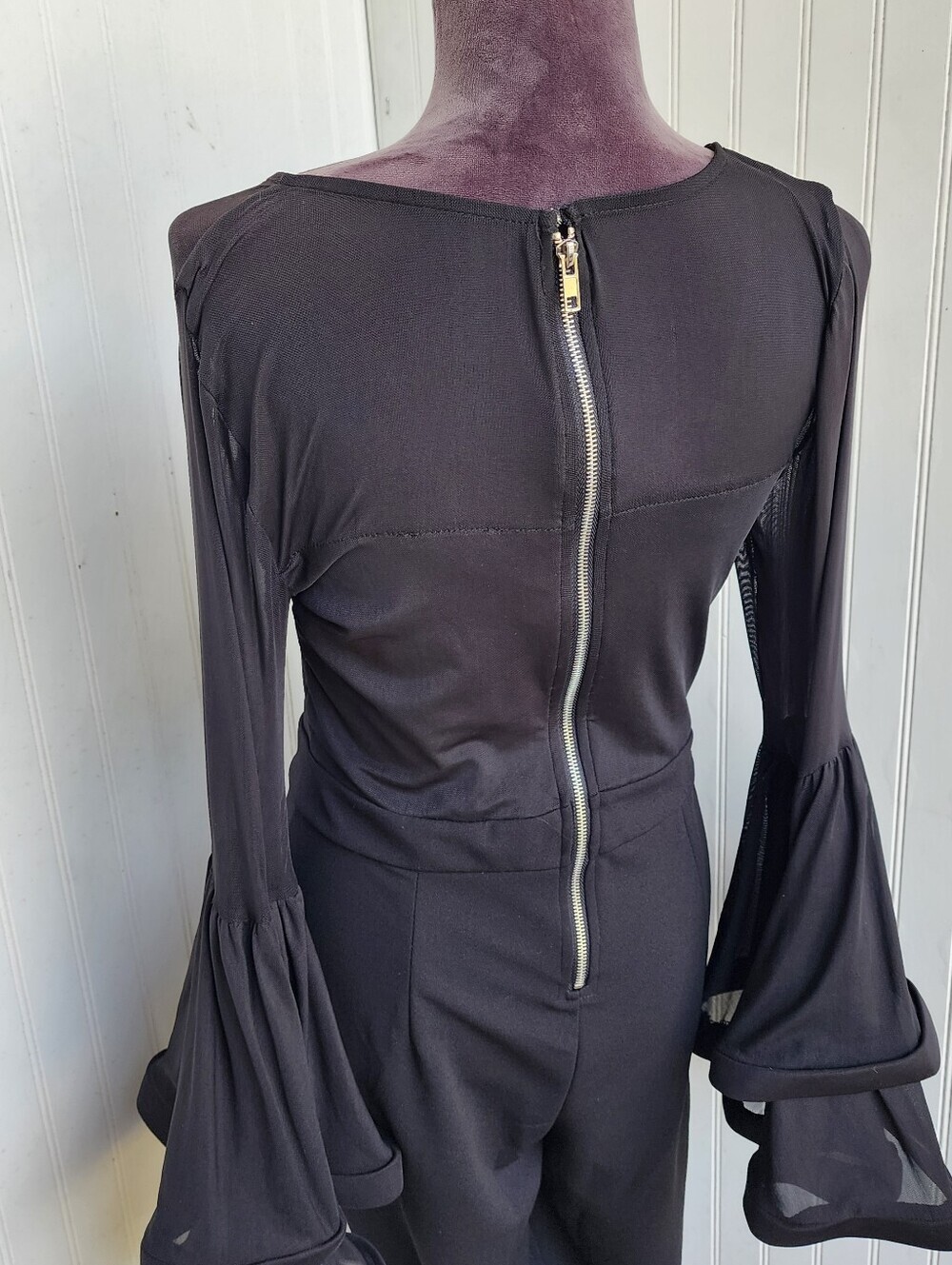Venus Jumpsuit Skinny Leg Womens Black Mesh Top Layered Flared Wired Sleeves M - Picture 8 of 16